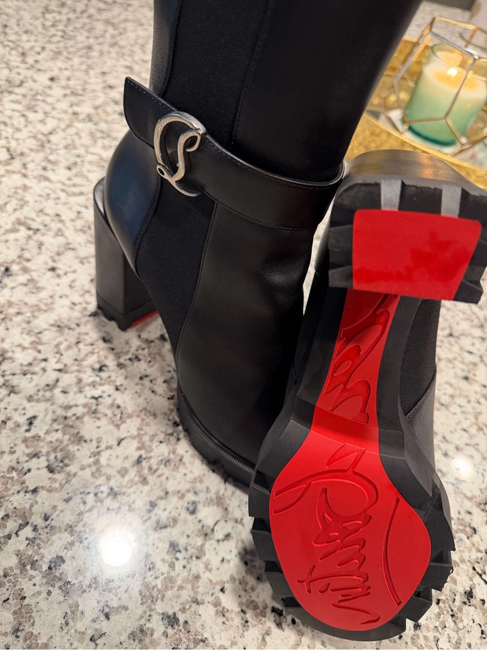 Christian Louboutin Black Leather Chunky-Heel Ankle Boot with Red Sole